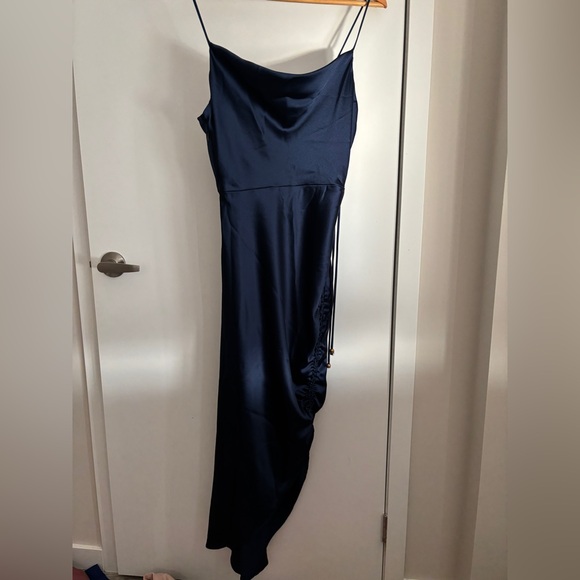 Navy Satin Slit Midi Dress - Picture 7 of 9